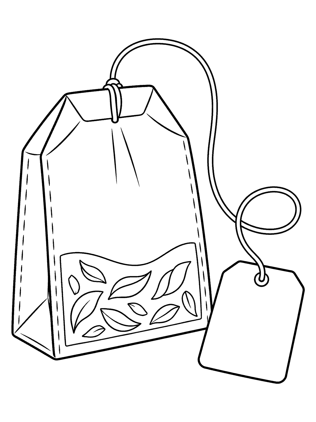 Printable tea bag coloring page showing a tea bag with visible tea leaves, a curved string, and a blank tag.