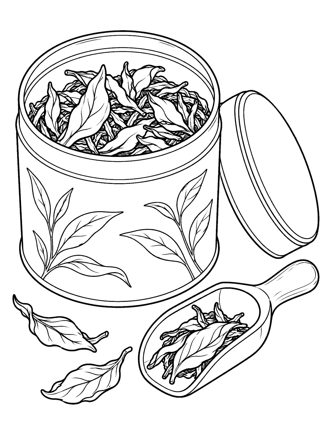 Black ink coloring page showing an open tea tin filled with loose leaves, a lid beside it, and a scoop with tea leaves.