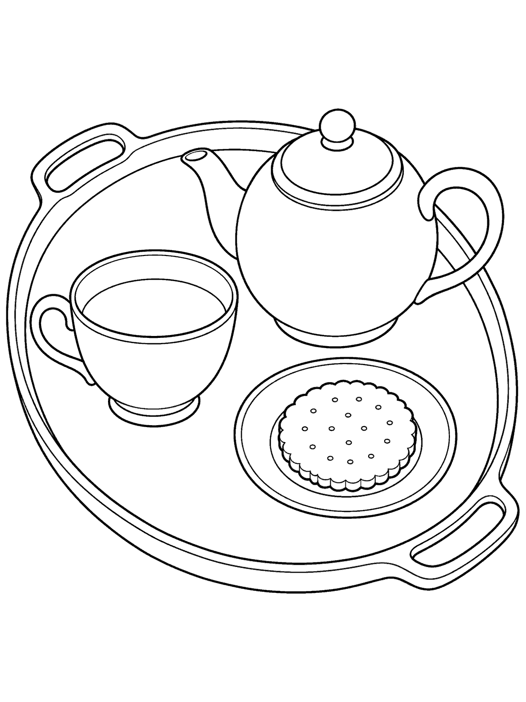 Black ink tea tray coloring page with a teapot, cup, and biscuit.
