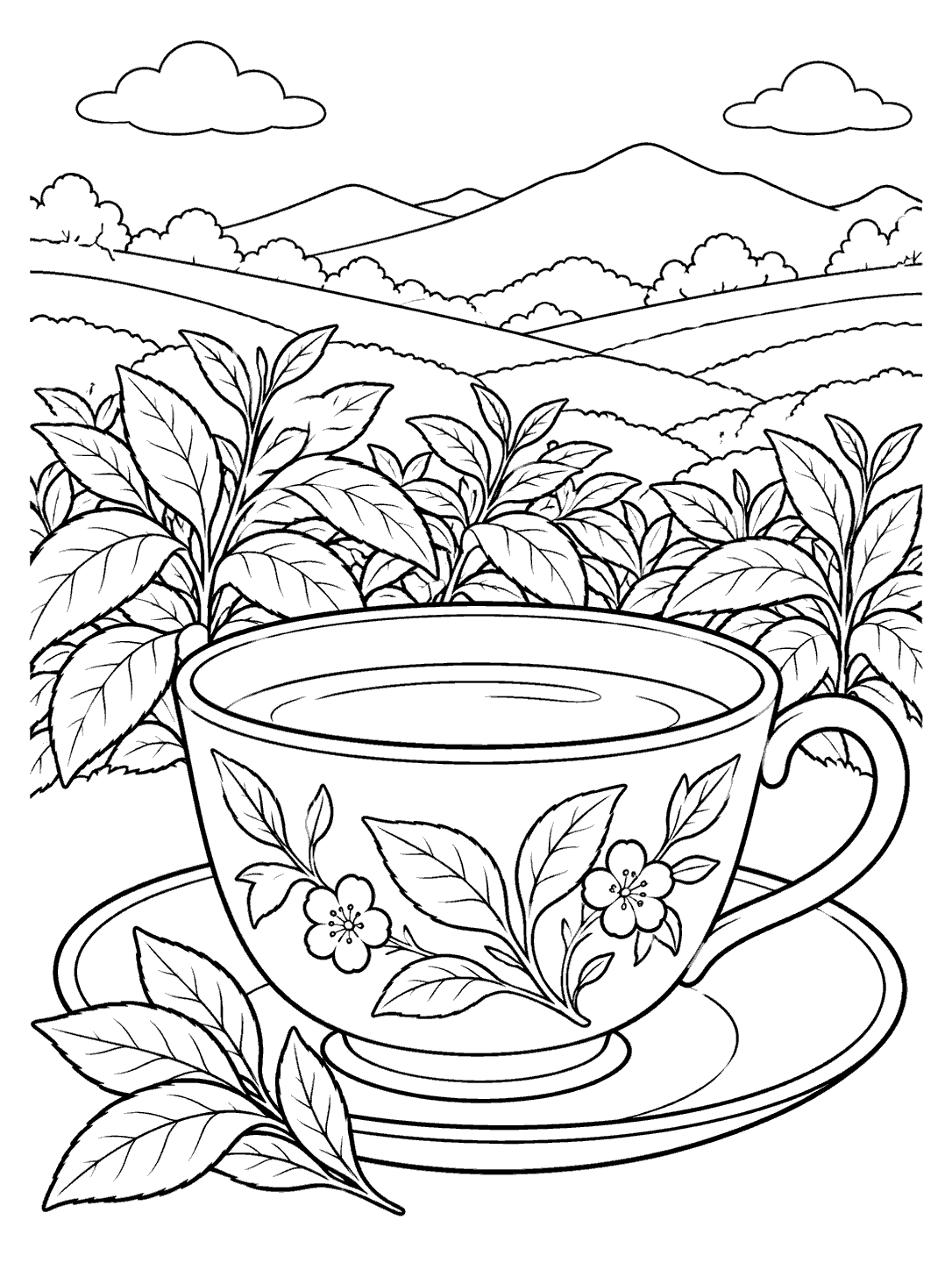Black-and-white tea garden coloring page with a large floral teacup and saucer in front of leafy tea bushes and rolling hills.