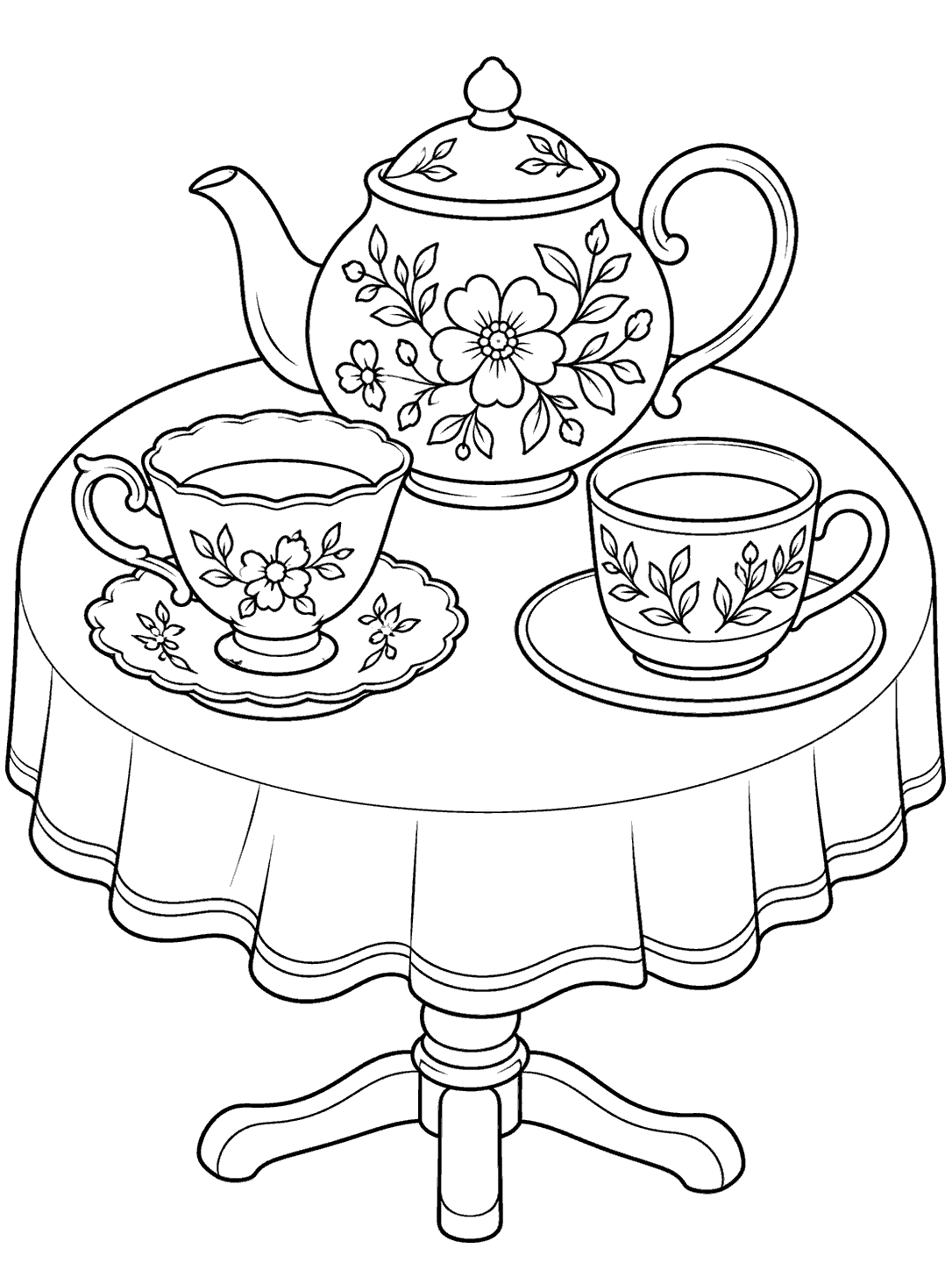 Black-and-white tea party coloring page with a floral teapot, two different teacups, and a round table with a cloth.