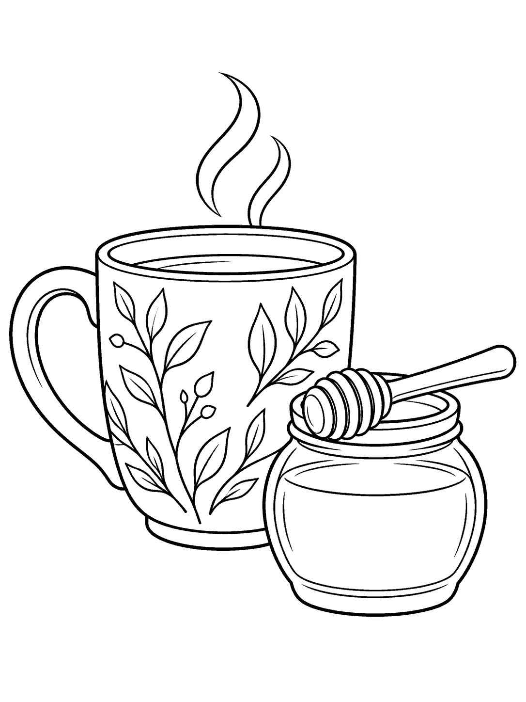Printable black-and-white coloring page with a leafy tea mug, two steam lines, a glass honey jar, and a wooden dipper.