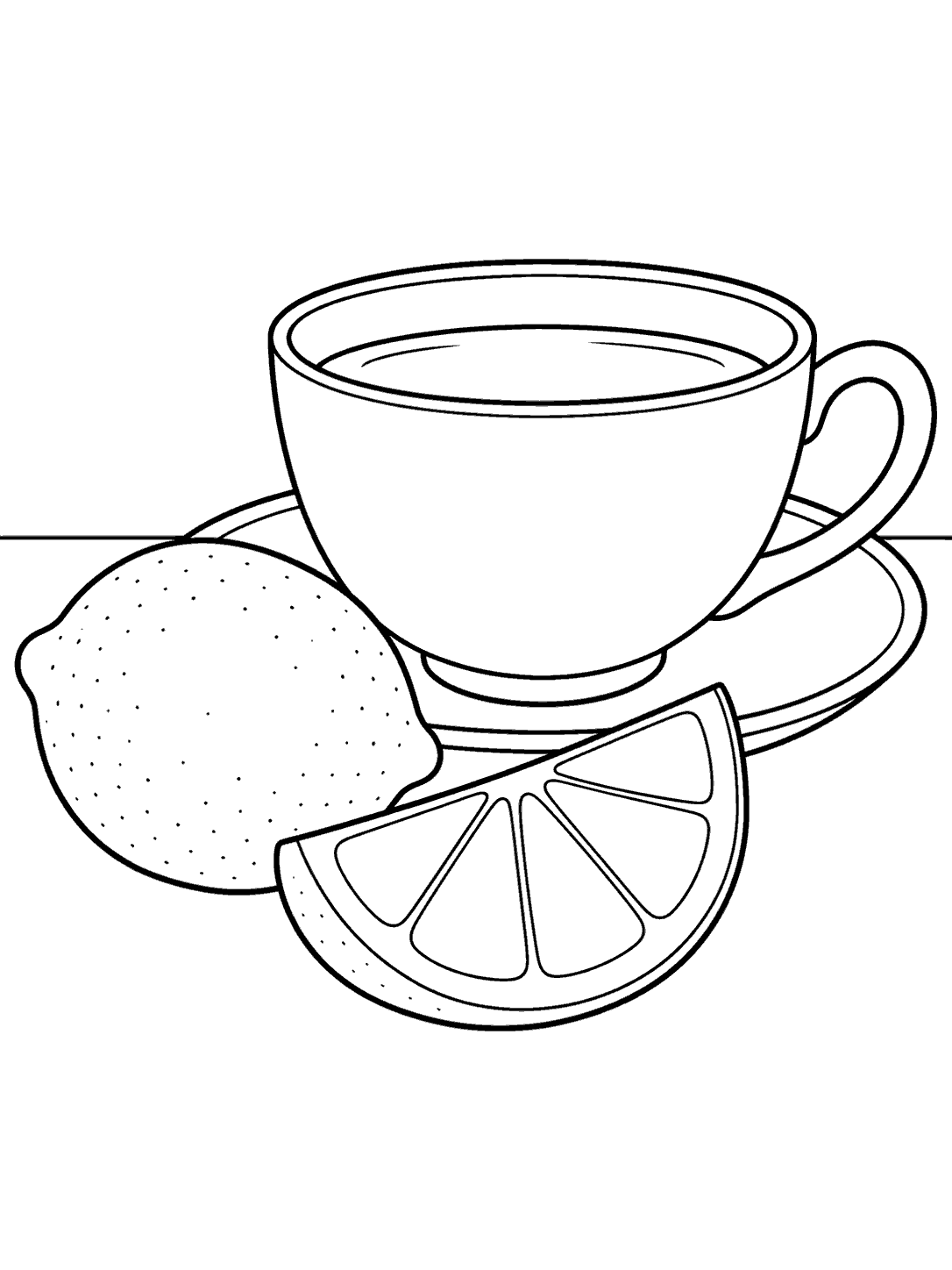 Black outline coloring page of a teacup and saucer with a whole lemon and a segmented lemon wedge on a tabletop.