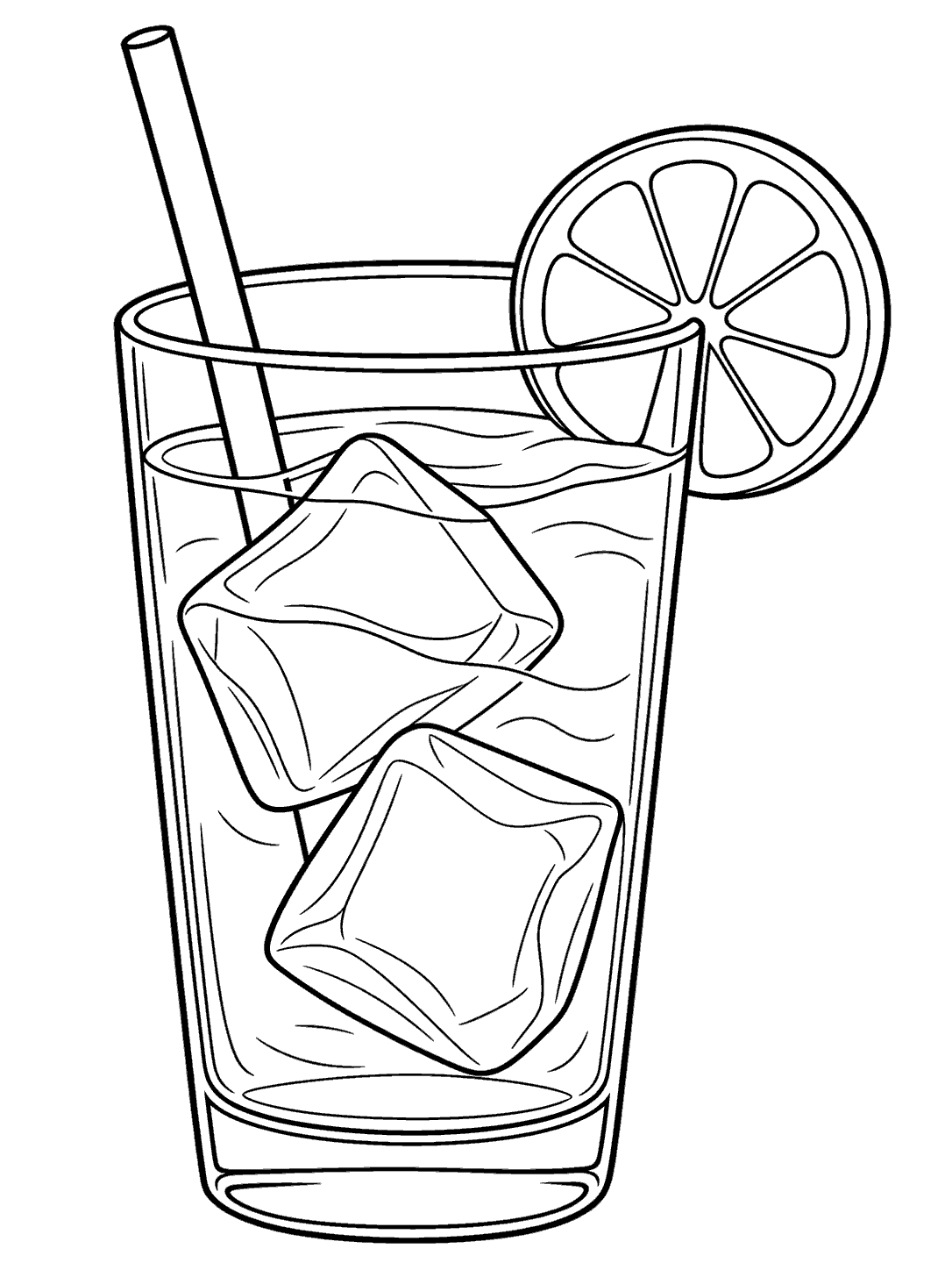 Printable coloring page of a tall iced tea glass with a straw, two ice cubes, and a lemon slice