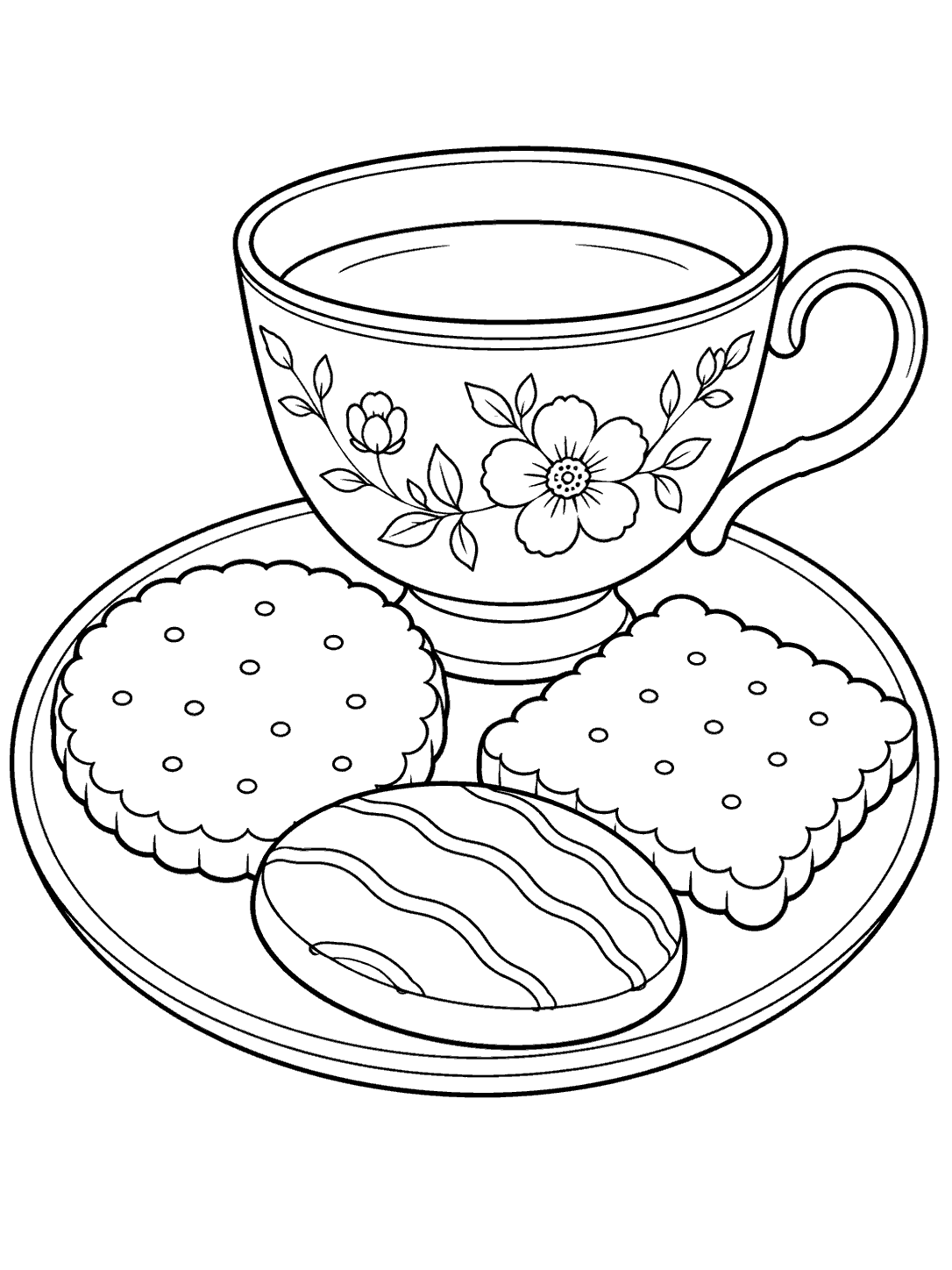 Black-and-white tea coloring page with a floral teacup and three biscuits on a plate
