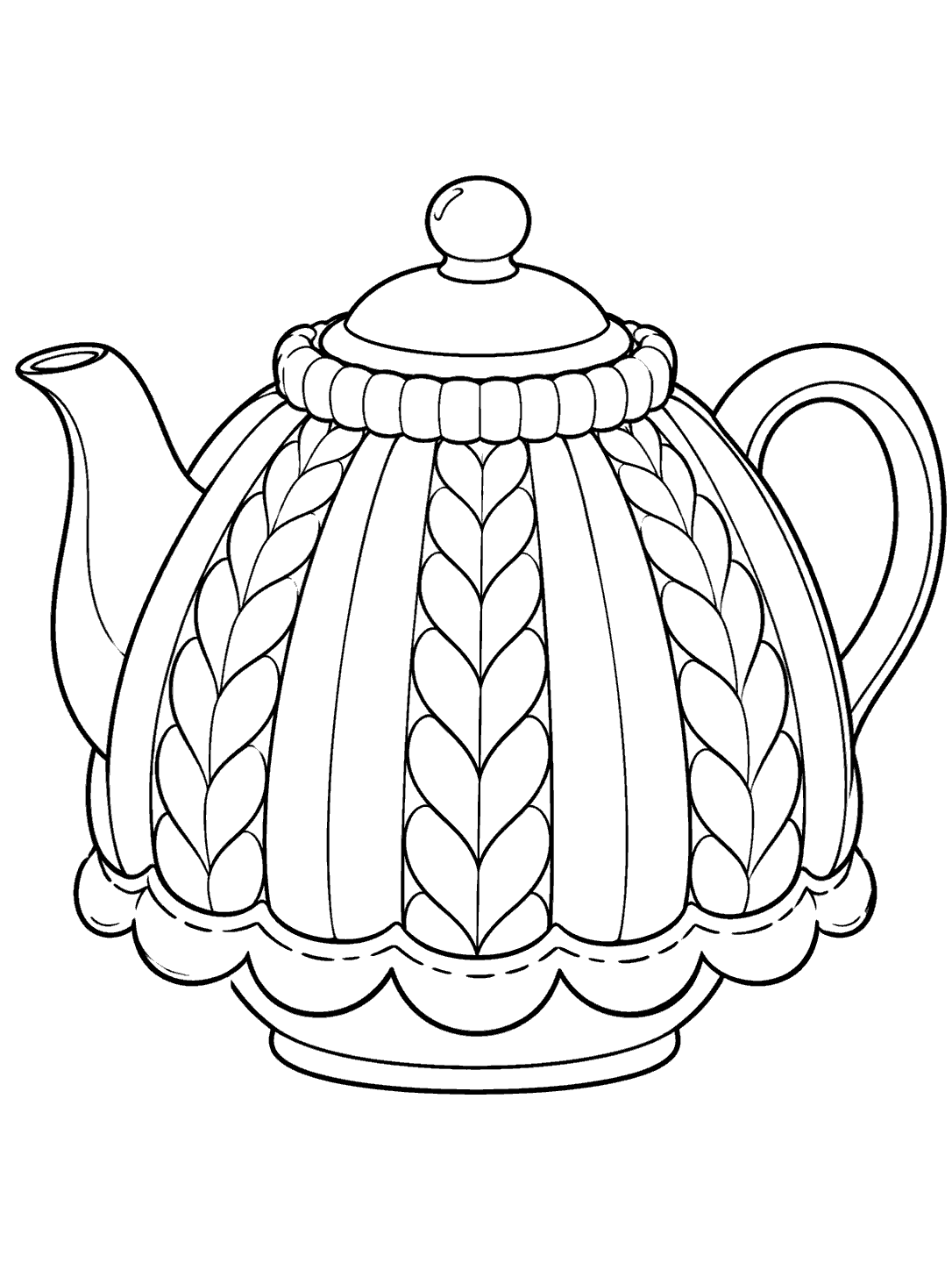 Black-and-white printable coloring page of a teapot wearing a knitted tea cozy, with its spout, lid, and loop handle visible.
