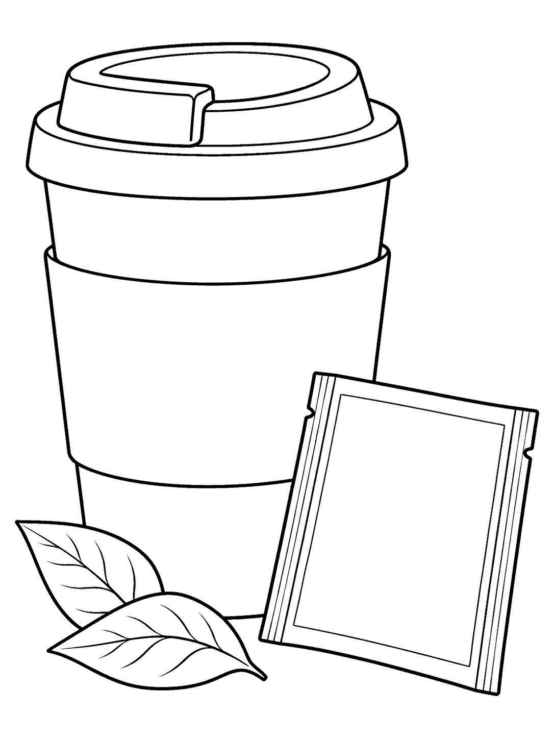 Printable coloring page with a large lidded travel cup, broad blank sleeve, flat tea sachet, and two leaves.