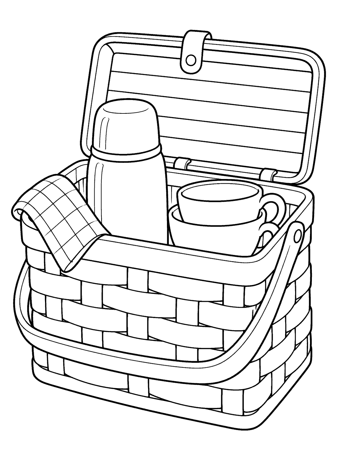 Black outline coloring page of an open picnic basket with a flask, nested cups, and folded cloth.