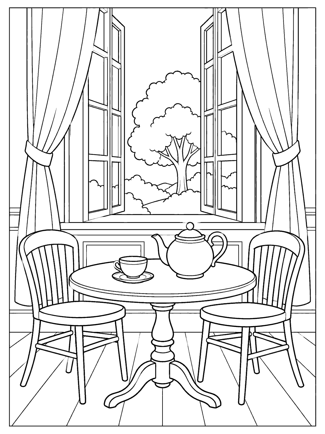 Black-and-white tea room coloring page with a teapot and cup on a table, two chairs, and a rounded tree outside the tall curtained window.