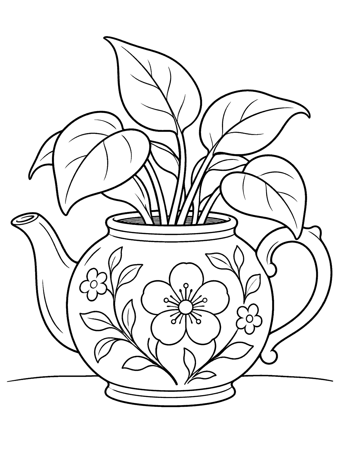 Printable coloring page of a floral teapot planter with broad leafy stems growing from its open top.