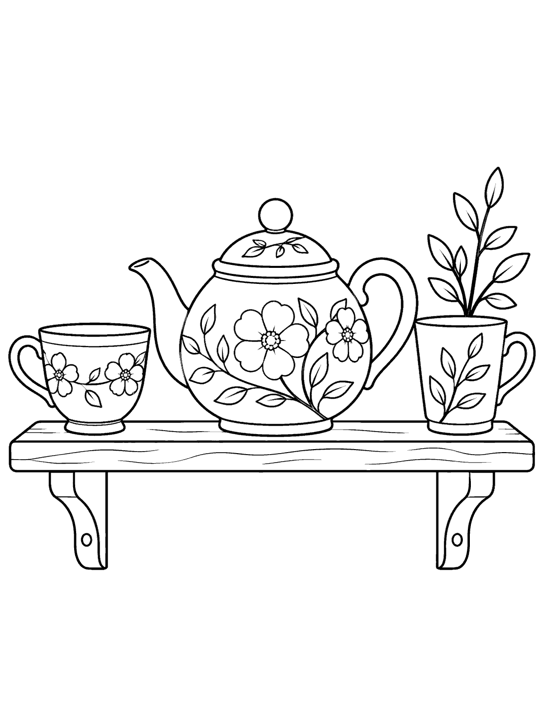 Black outline coloring page of a floral teapot centered between two cups on a wall shelf, with a leafy sprig in one cup.