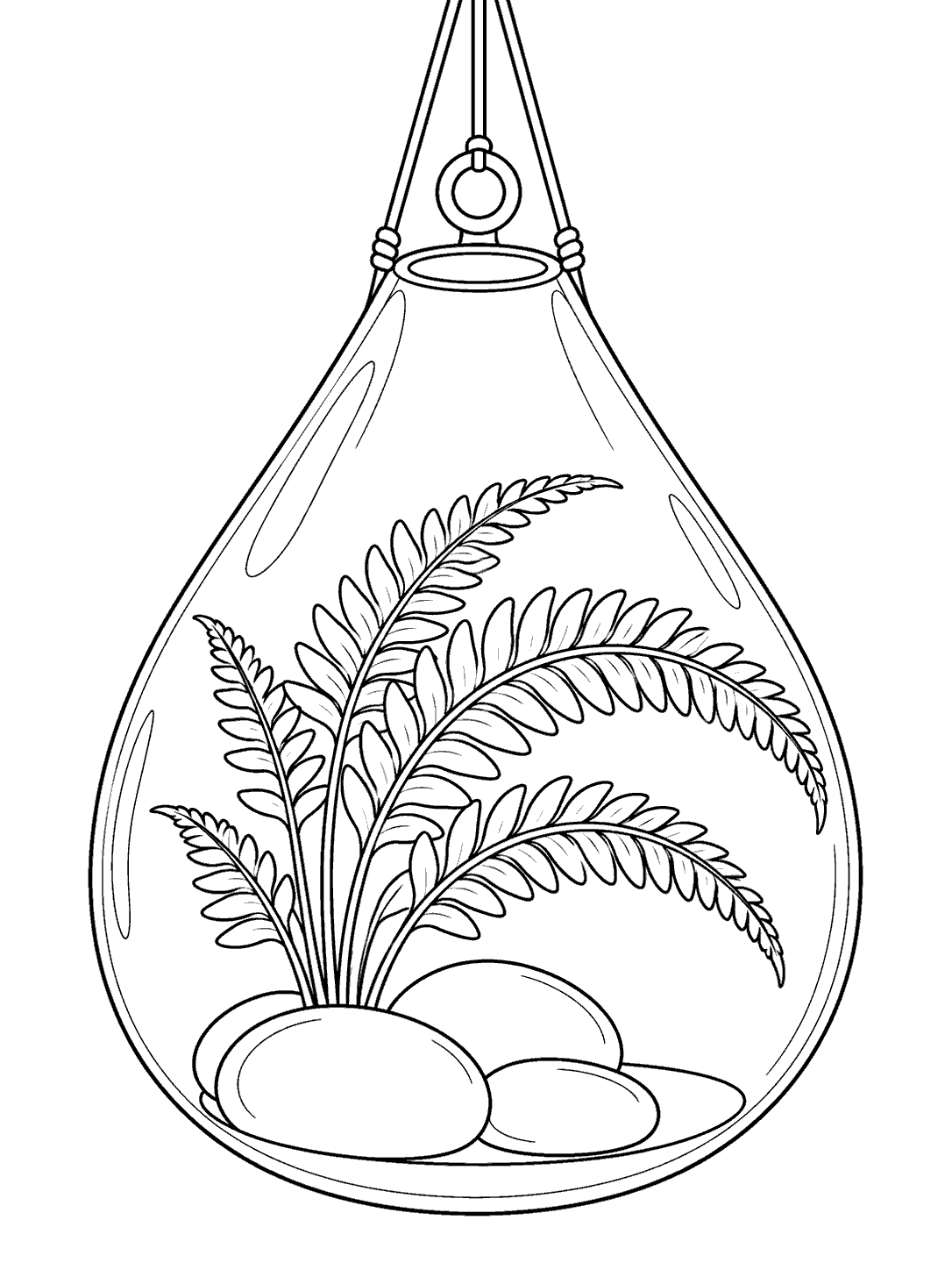 Hanging teardrop glass terrarium with fern and smooth stones coloring page