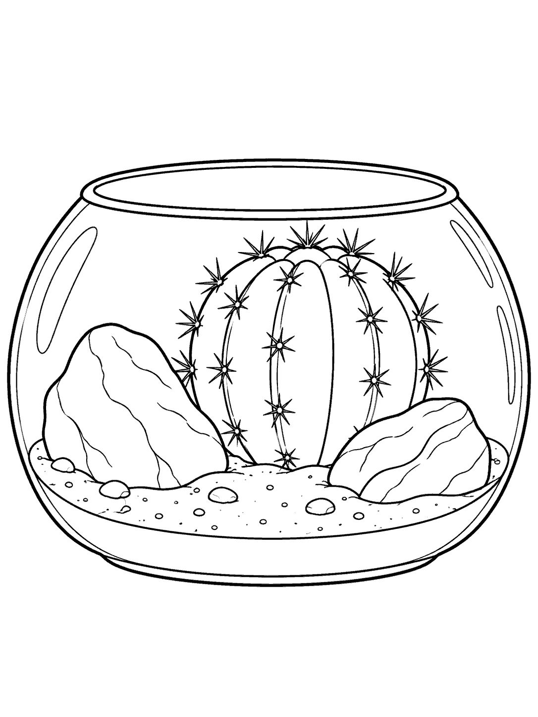 Black and white coloring page showing a barrel cactus and two stones in a squat glass terrarium bowl.