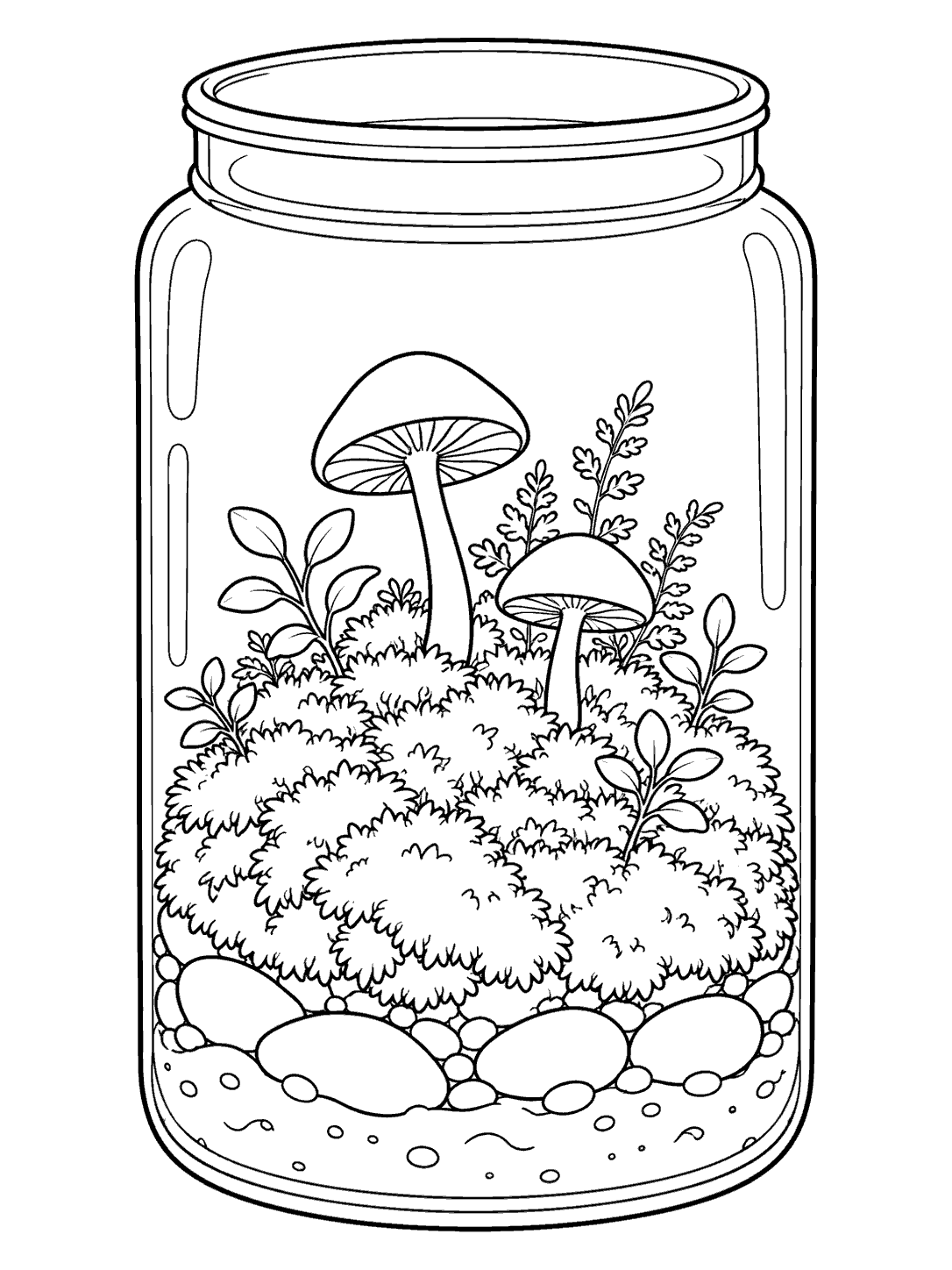 Tall jar moss terrarium with mushroom pair coloring page