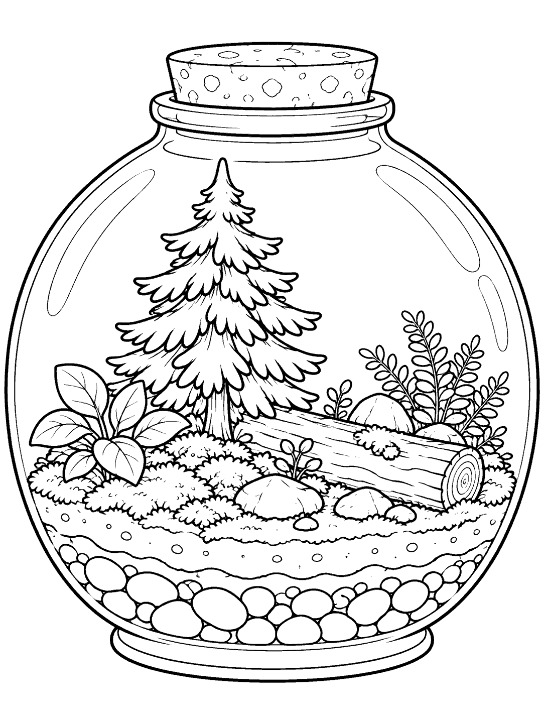 Rounded glass woodland terrarium with a miniature pine, log, plants, soil, and stones in a coloring page illustration