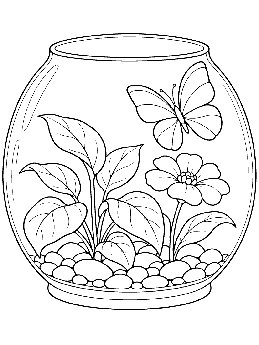 Terrarium coloring page with a leafy plant, butterfly, and flower.