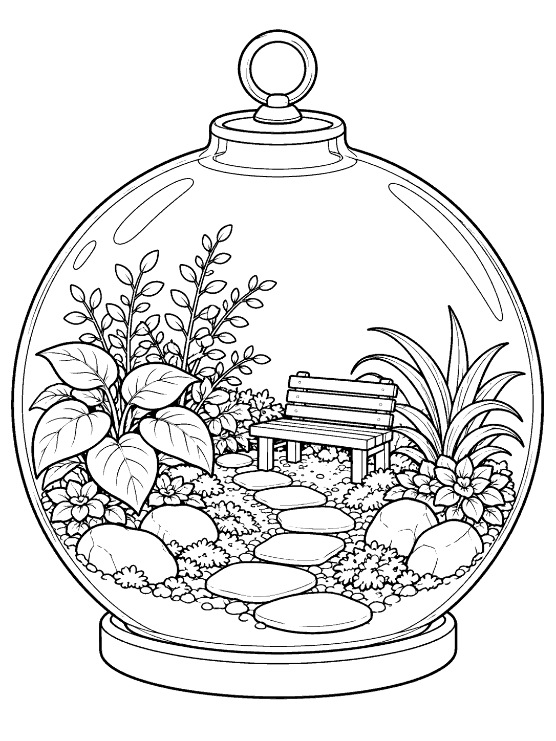 Globe-shaped terrarium with a miniature garden, stepping-stone path, small bench, and plants in a coloring page