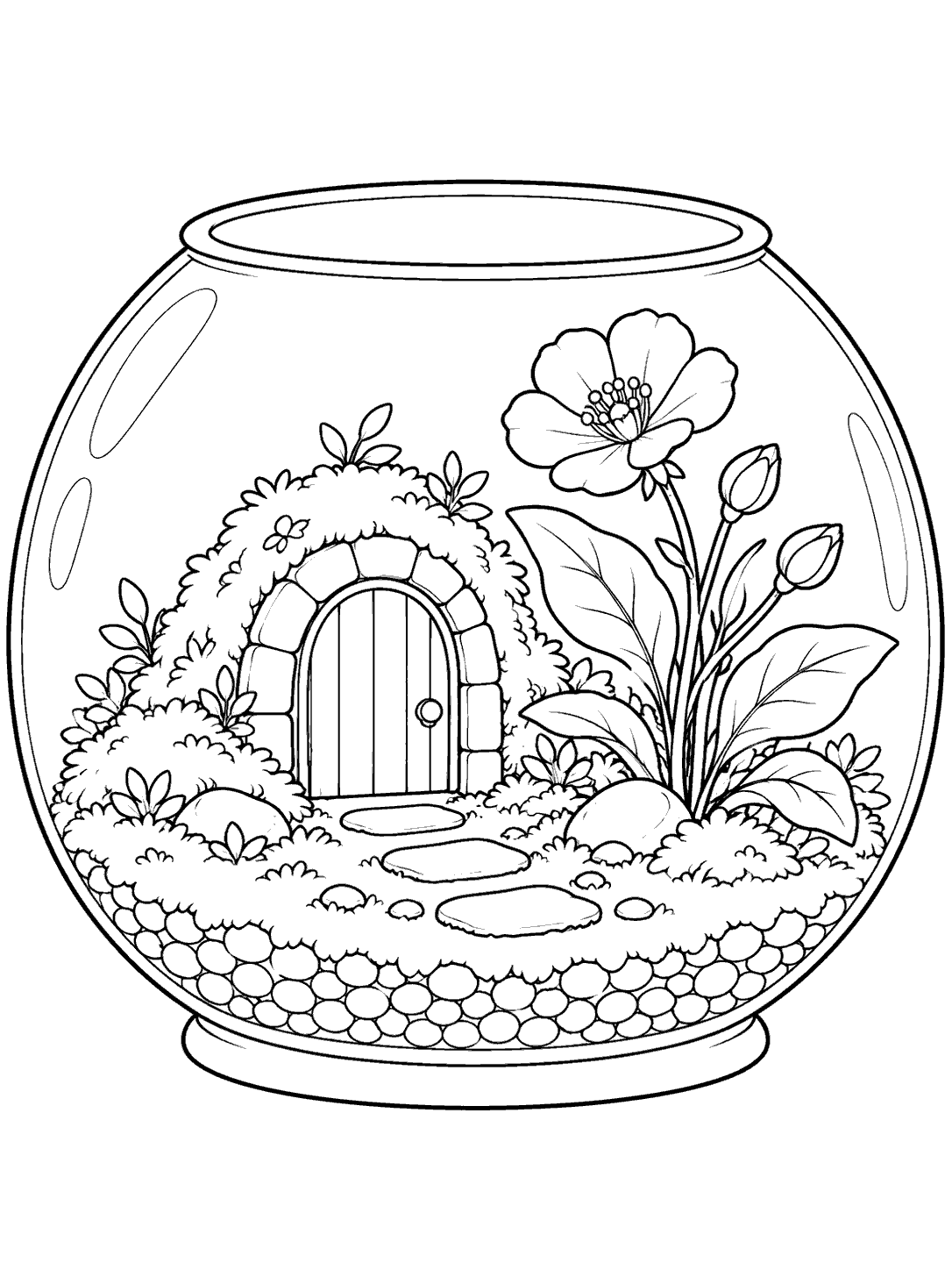 Glass bowl terrarium with a tiny arched garden doorway, flowering plant, and stepping stones coloring page