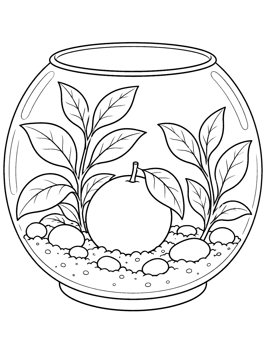 Black and white terrarium coloring page with one round fruit, leafy stems, soil, and pebbles.