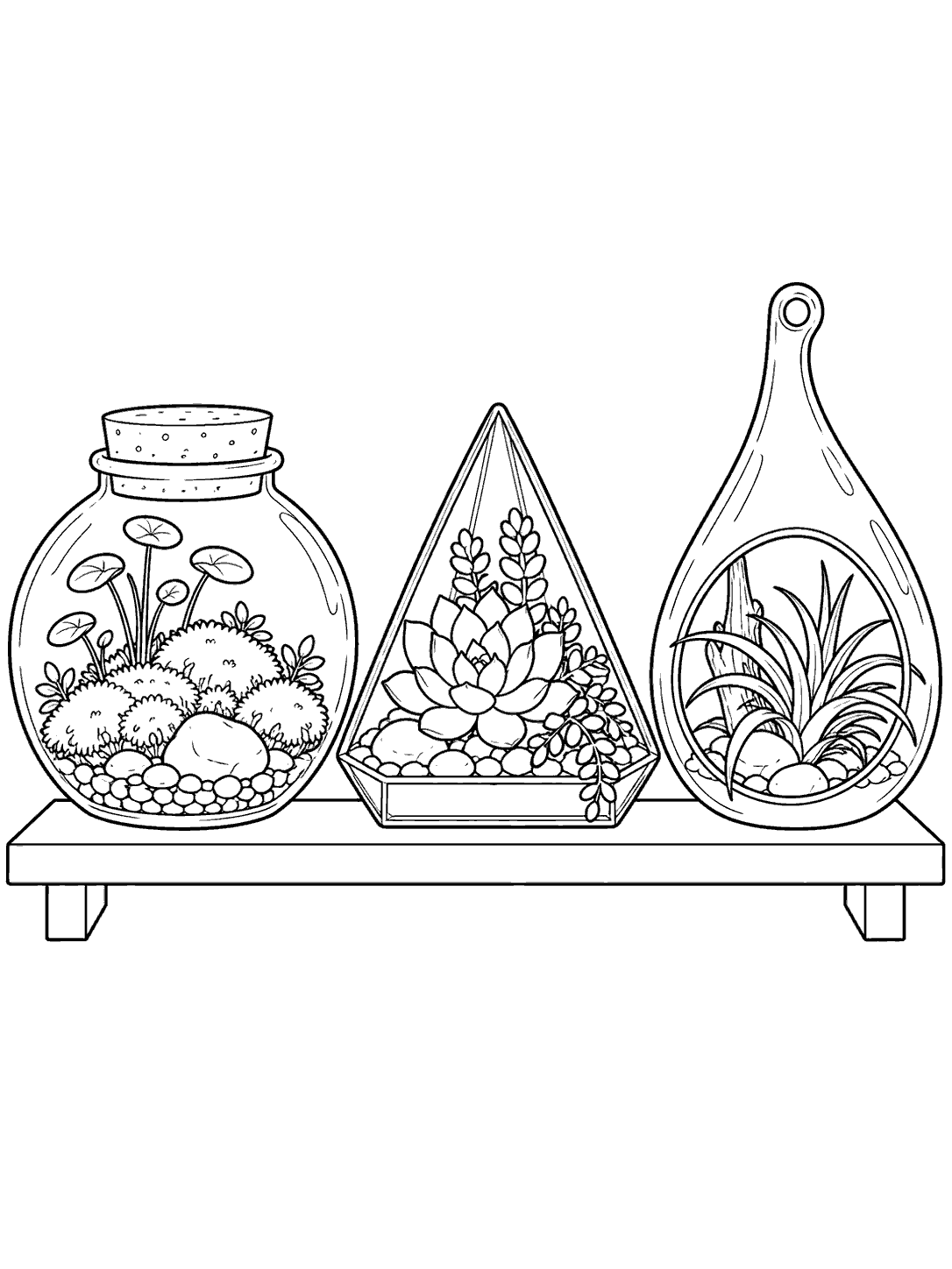 A round moss jar, triangular succulent vessel, and teardrop glass terrarium arranged on a shelf in a black-and-white coloring page.