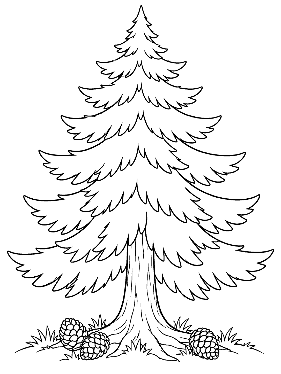 A tall pine tree with curved layered branches, a flared trunk, and three pinecones at the roots.