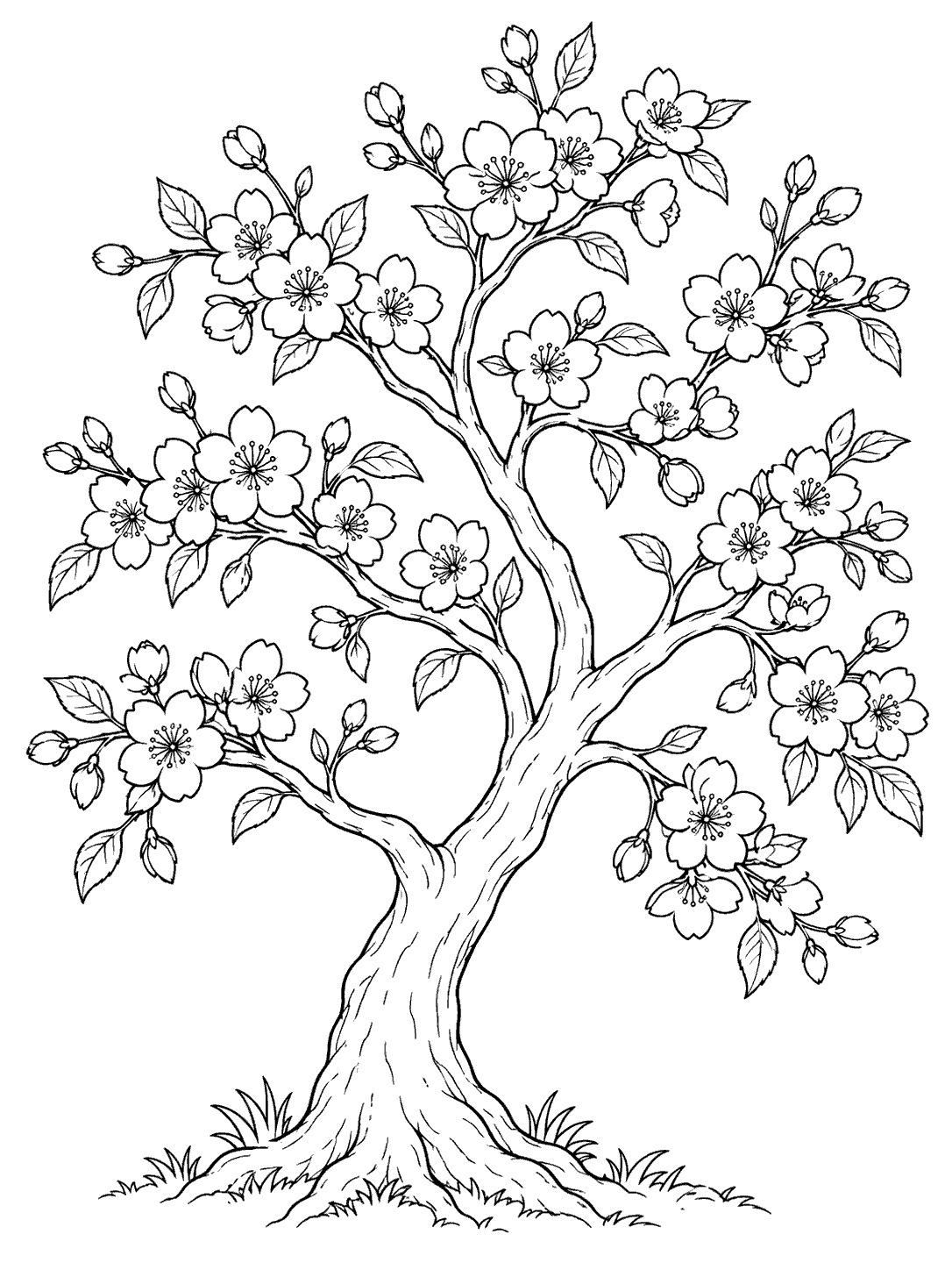 A gently curved cherry tree with airy branches covered in five-petal blossoms and leaves.