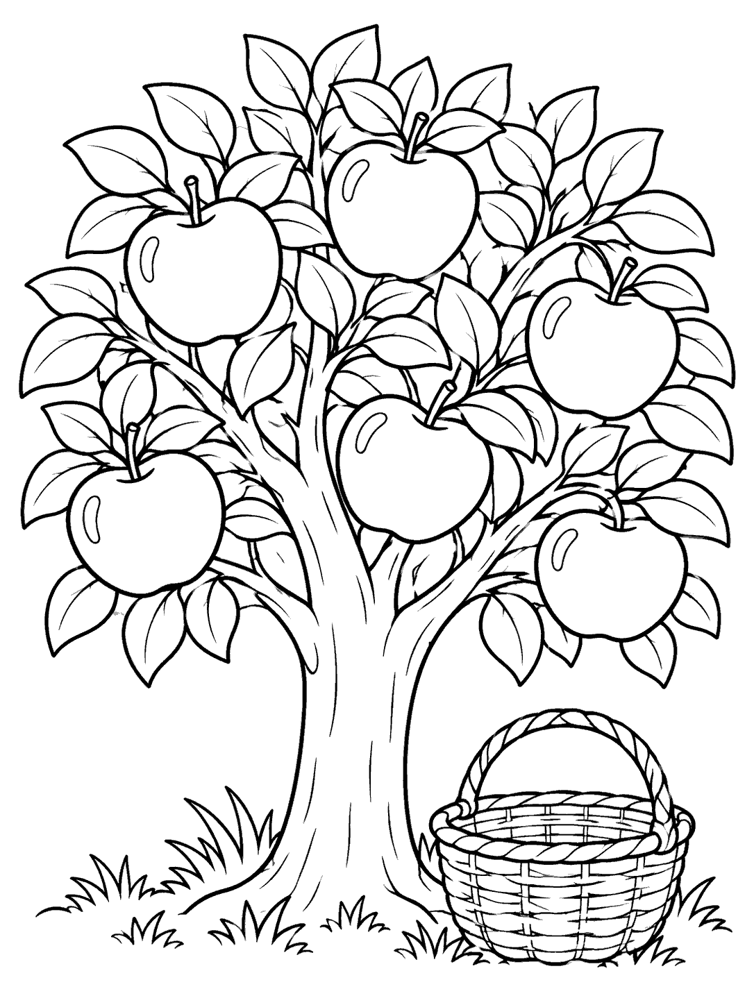 A leafy apple tree with several large apples and an empty woven basket beside its trunk.