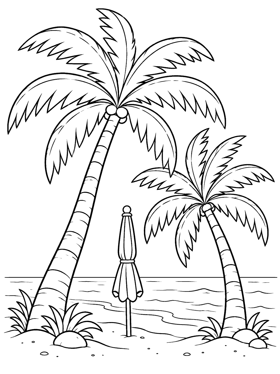 A tall and a shorter curved palm tree with broad fronds, a closed beach umbrella, shoreline, and small plants.