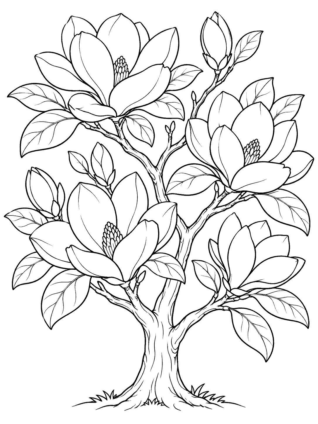 A small magnolia tree with large open blossoms, buds, oval leaves, and sturdy branching trunk.