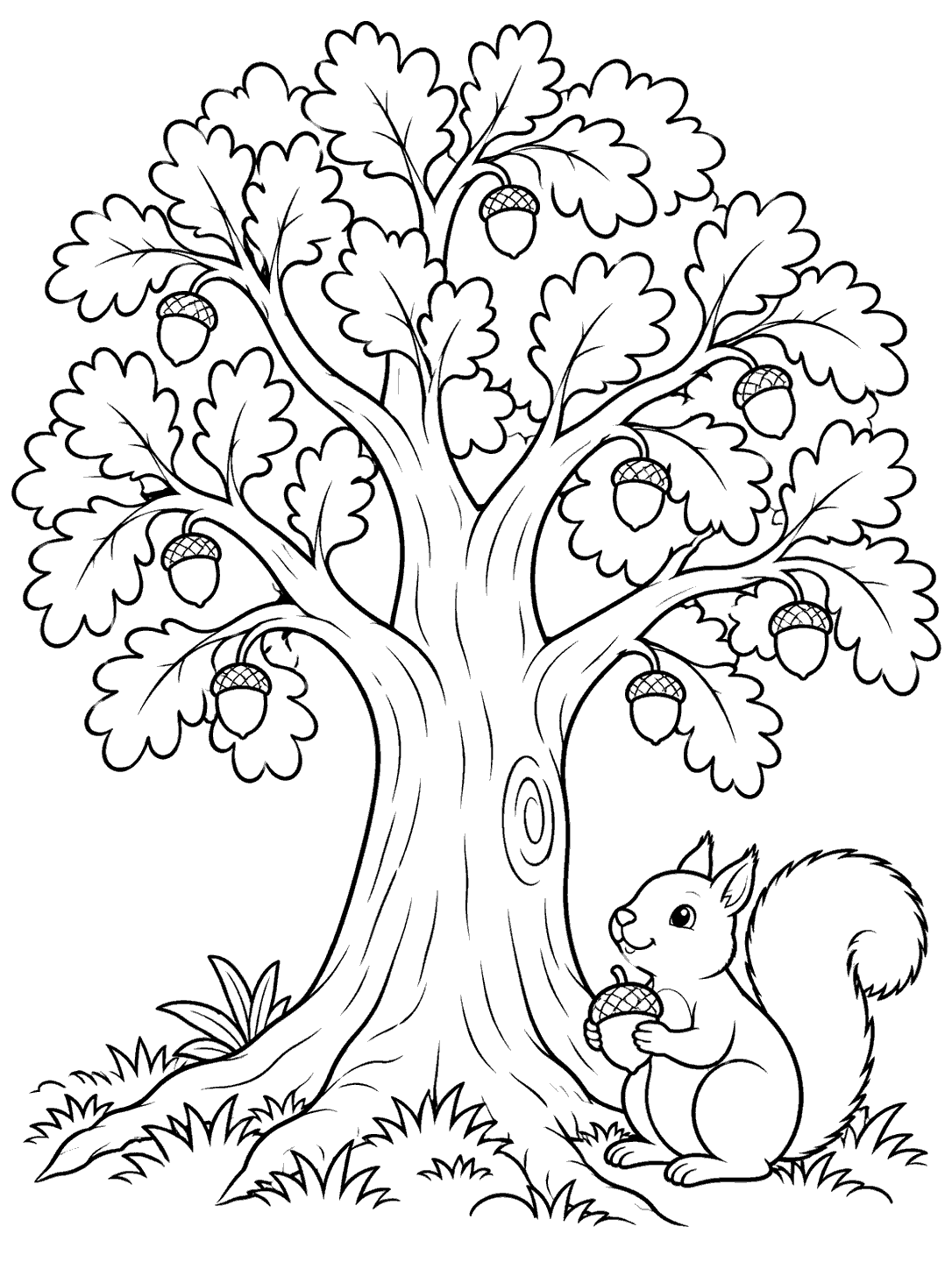 A large leafy oak tree with acorns and a seated squirrel holding one acorn beside its roots.
