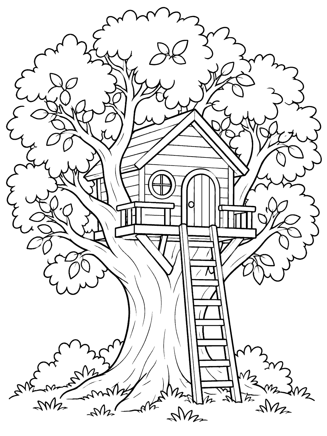 A large leafy tree surrounding a wooden treehouse with a round window and straight ladder.