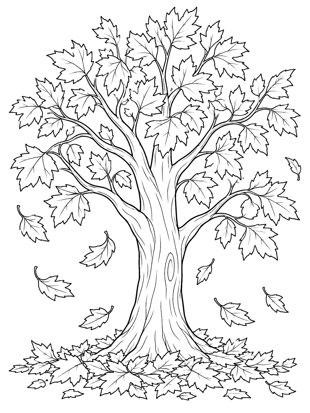 A deciduous tree shedding outlined leaves, with drifting leaves and a pile of leaves at its roots.