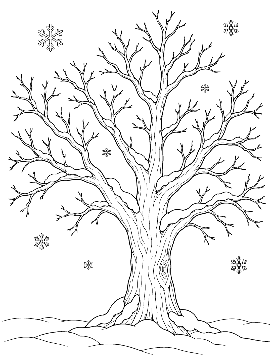 A leafless tree with snow resting on its branches, surrounded by snowflakes above a snowy mound.