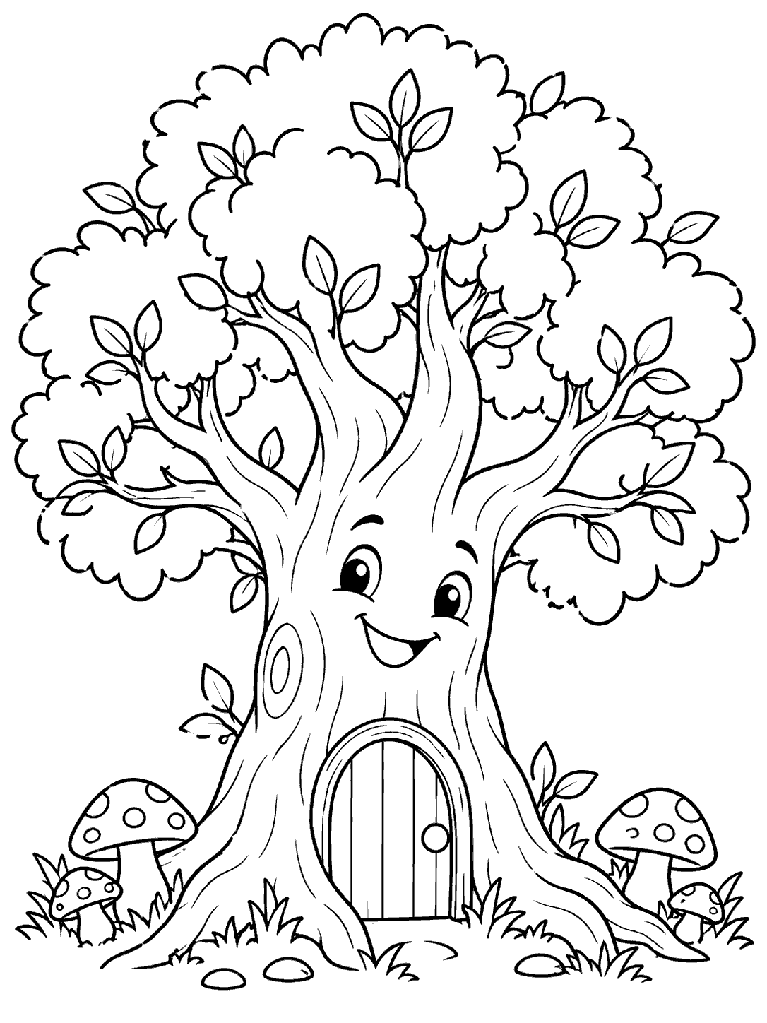 A smiling fantasy tree with a rounded leafy crown, an arched door with a round knob, and mushrooms at its base.