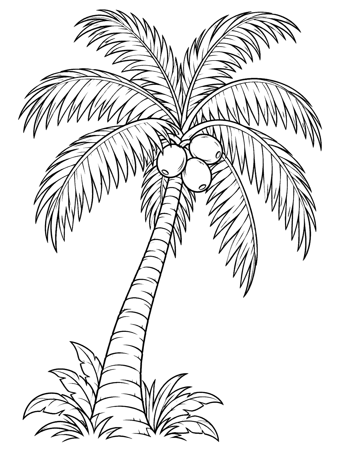 A tall coconut palm with a curved, segmented trunk, three coconuts beneath its crown, and leafy plants at its base.