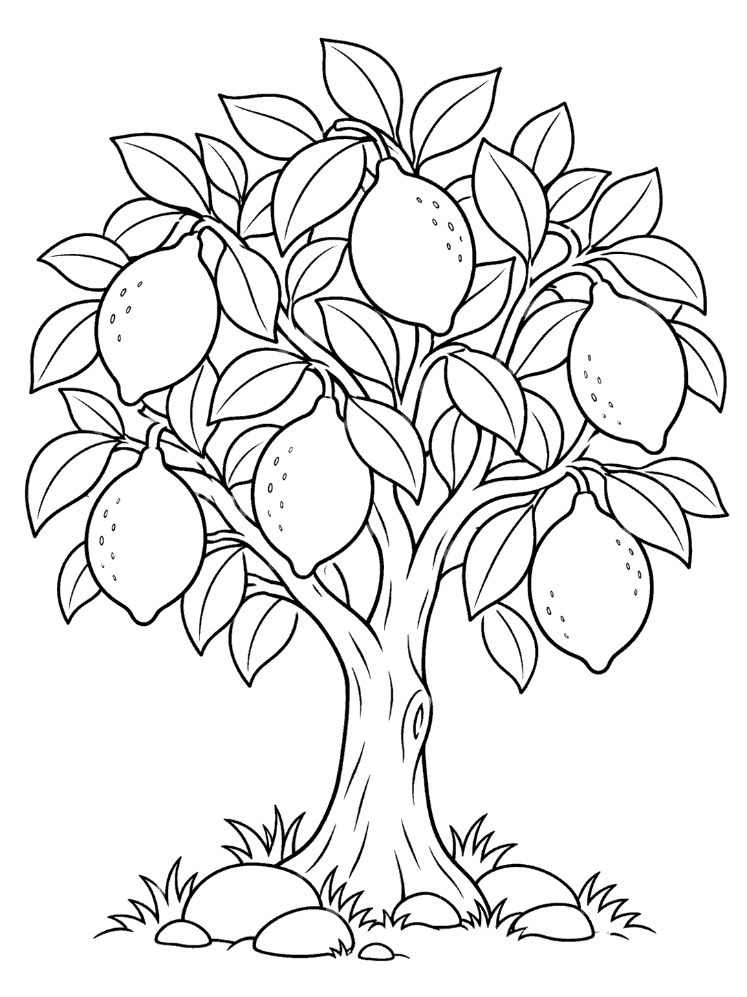 A lemon tree with six large lemons, pointed leaves, a visible trunk, and stones at its base.