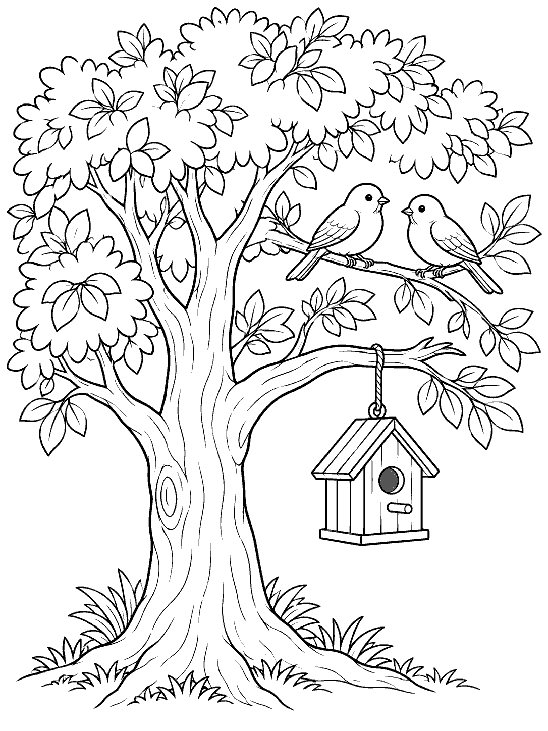 A leafy tree with a hanging birdhouse and two perched birds.