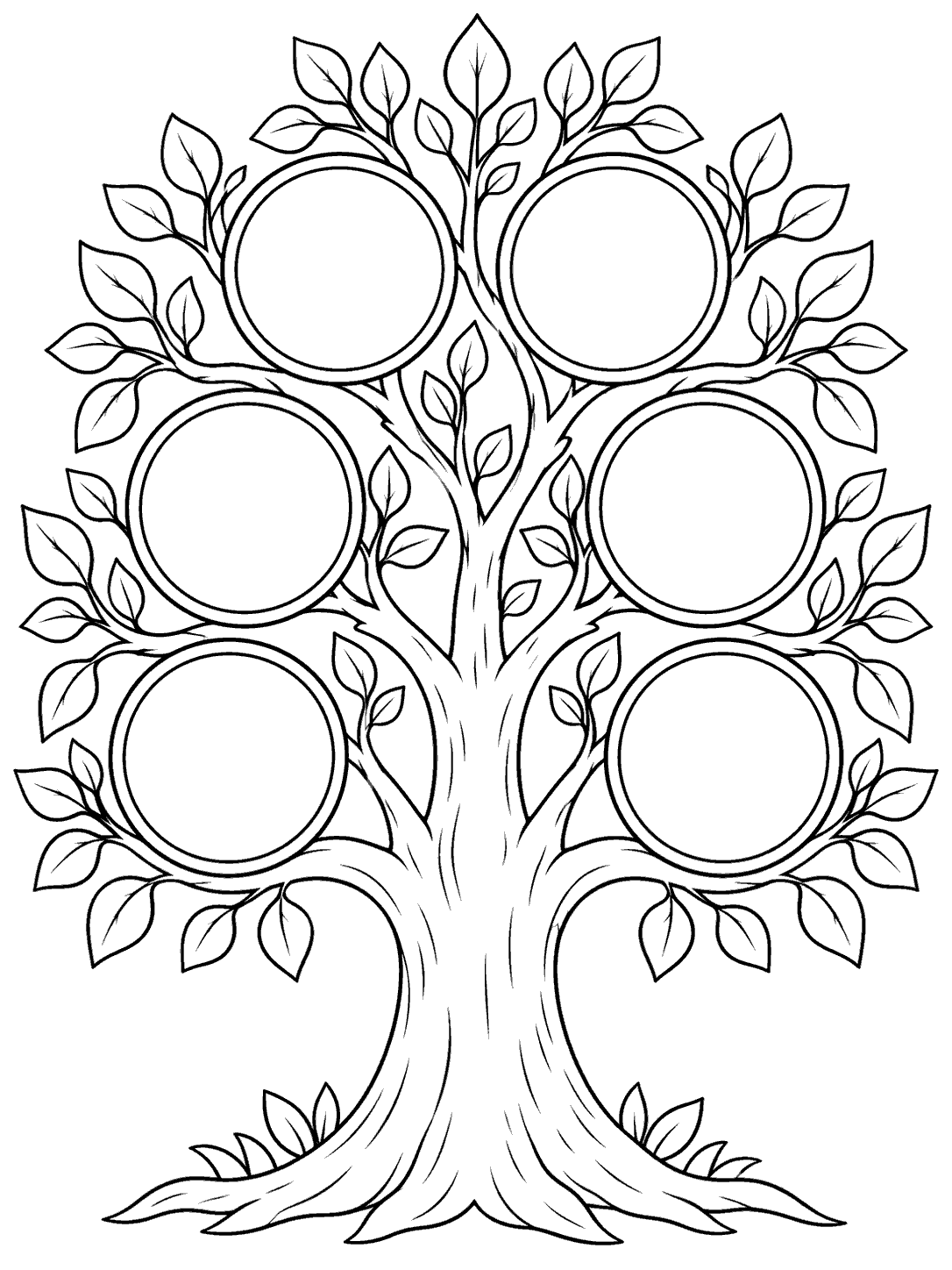 A decorative black-and-white family tree with six blank circular frames, leafy branches, and a broad trunk.