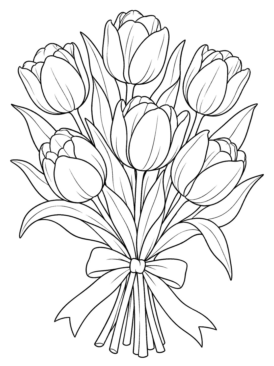 Black line art of seven tulips gathered with a ribbon, with leafy stems and generous white margins.