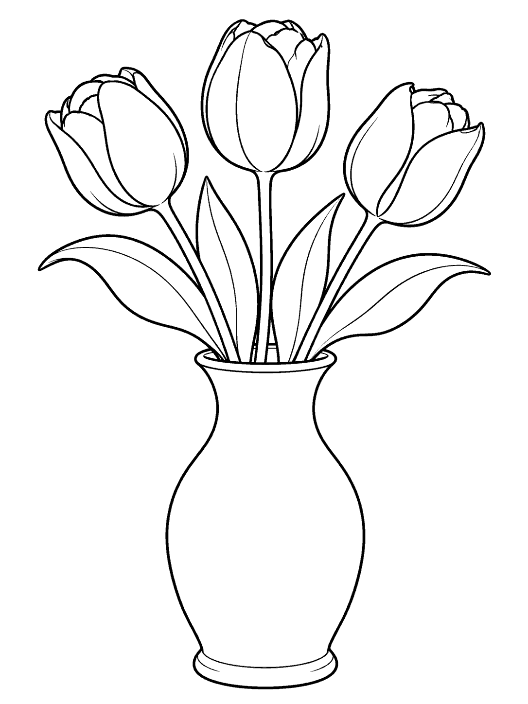 Three distinct tulips and long leaves arranged in an unpatterned vase, drawn in clean black outlines with open white spaces for coloring.
