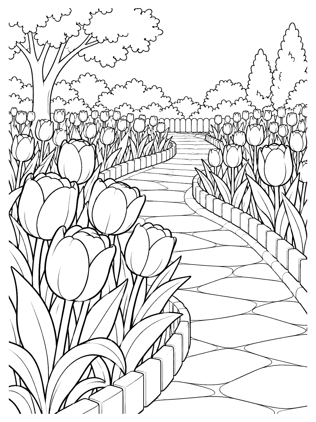 Black-and-white tulip garden coloring page with a winding stone path between flower beds, low borders, and trees in the background.