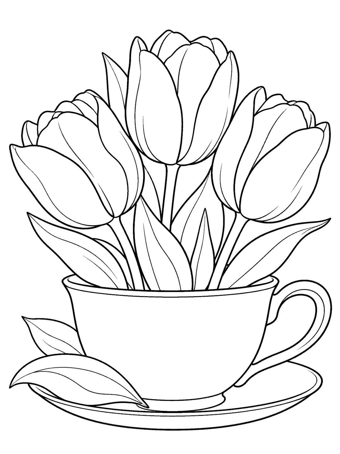 Black-and-white coloring page of three tulips arranged in a handled teacup on a saucer, with leaves.