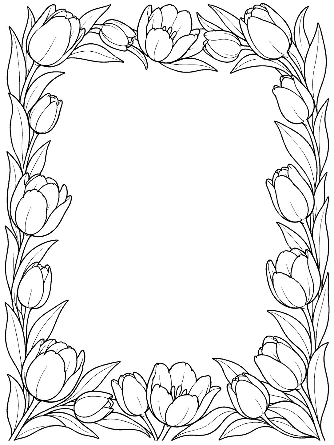 A portrait tulip coloring page framed by varied blossoms and leaves along all four edges, with a large blank center.