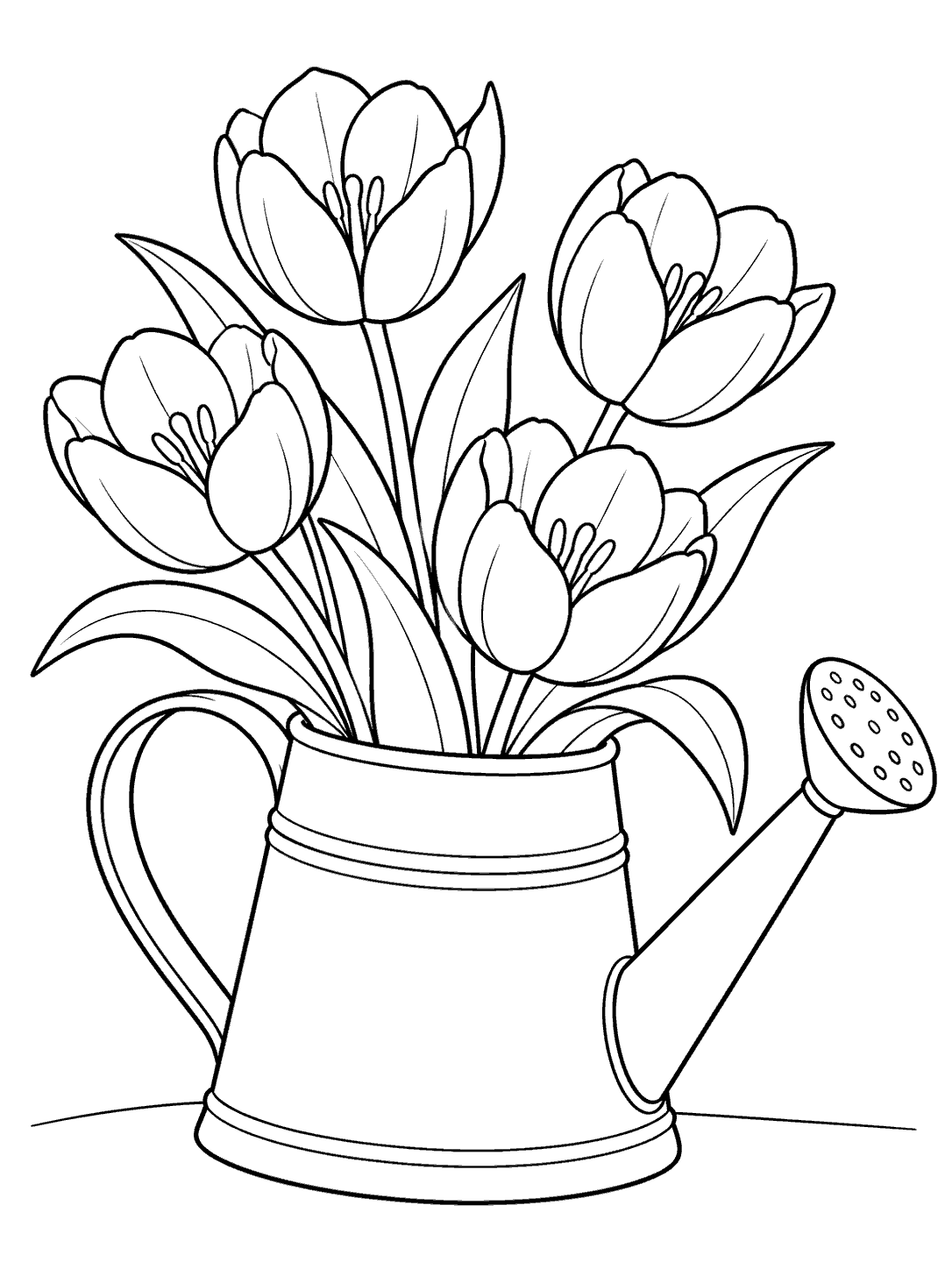 Four tulips in an old-fashioned watering can coloring page
