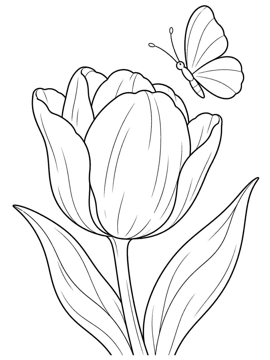 A large outlined tulip with leafy stem and a broad-winged butterfly hovering above it, on a white coloring page.