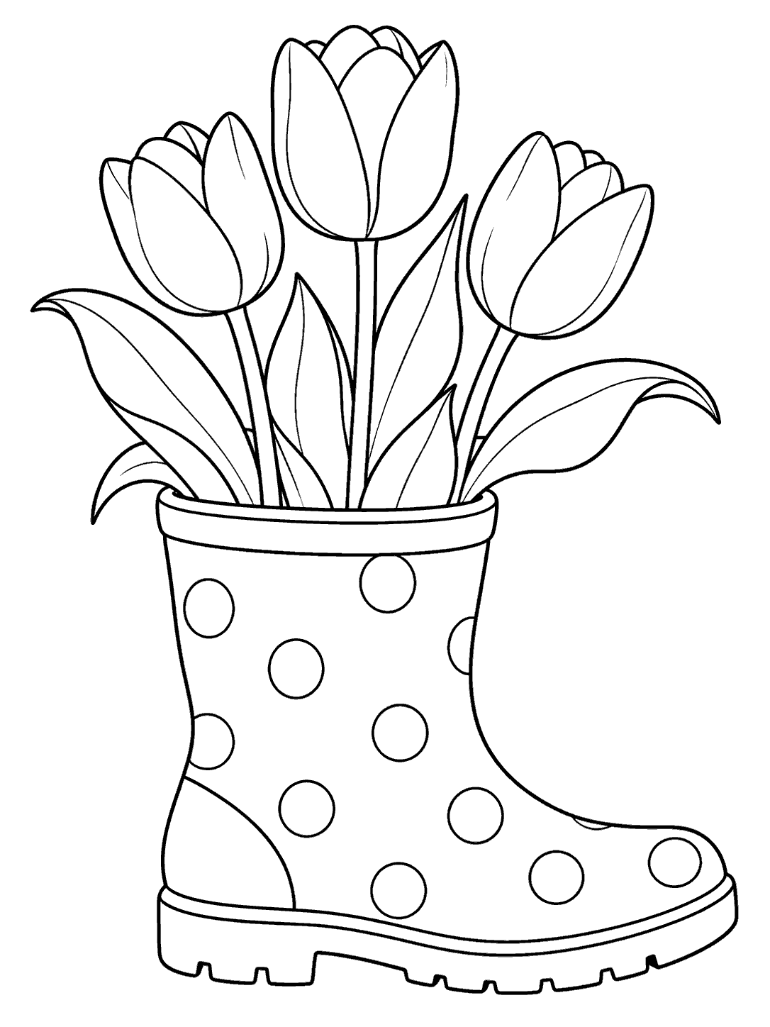 Three tulips growing from a polka-dot garden boot planter coloring page