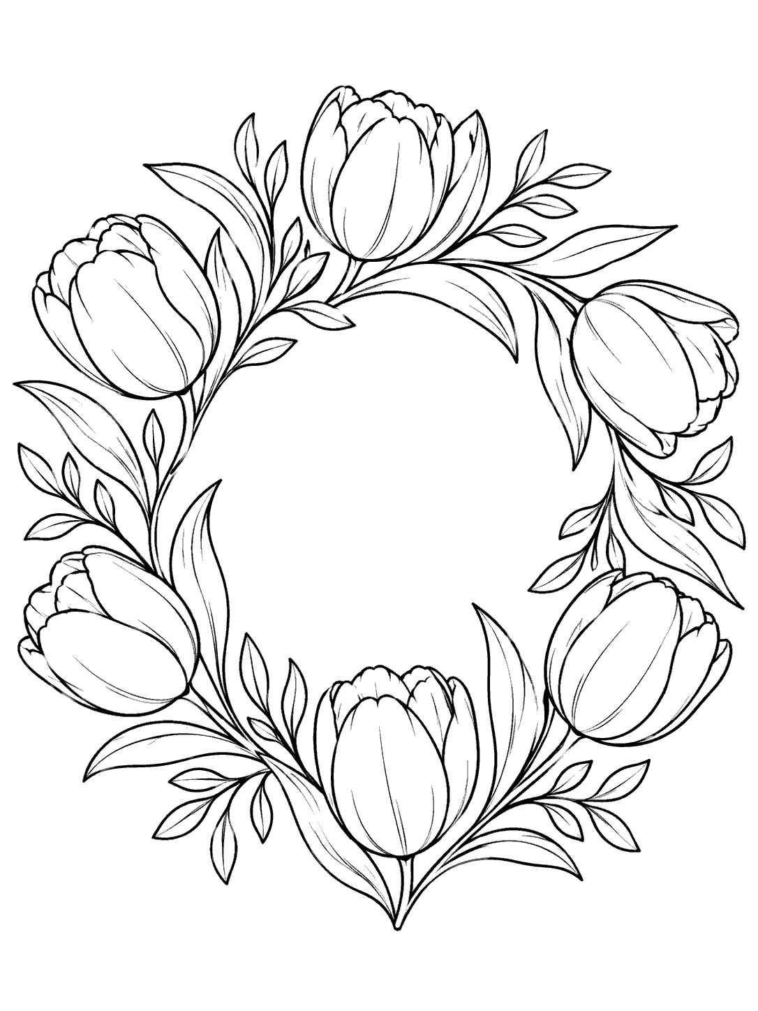A black-and-white tulip wreath coloring page with six blooms and leafy sprigs around a clear open center.