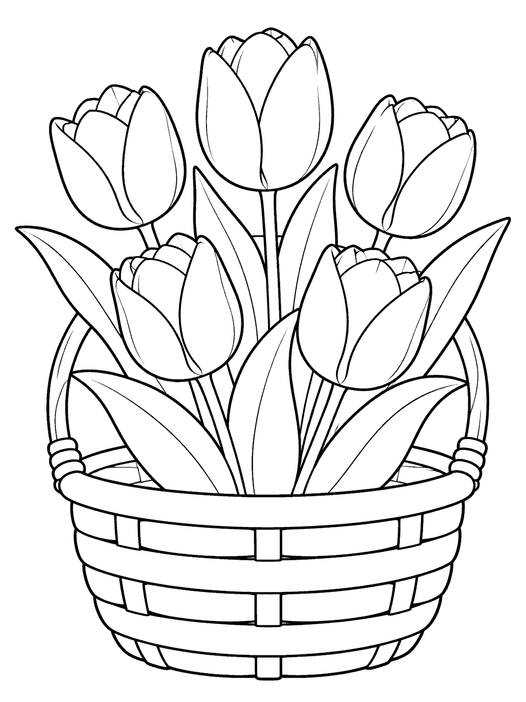 Black-and-white coloring page of five tulips and large leaves arranged in a rounded handled basket with broad weave bands.
