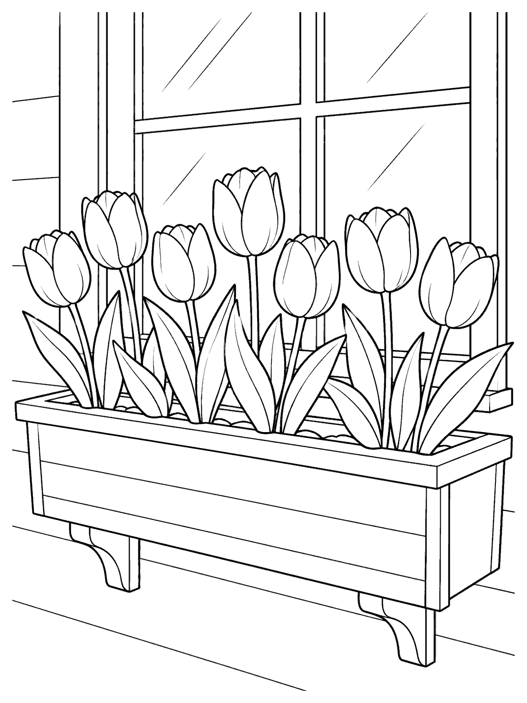 A printable black-and-white coloring page showing seven tulips and leaves in a long window box beneath a simple window.