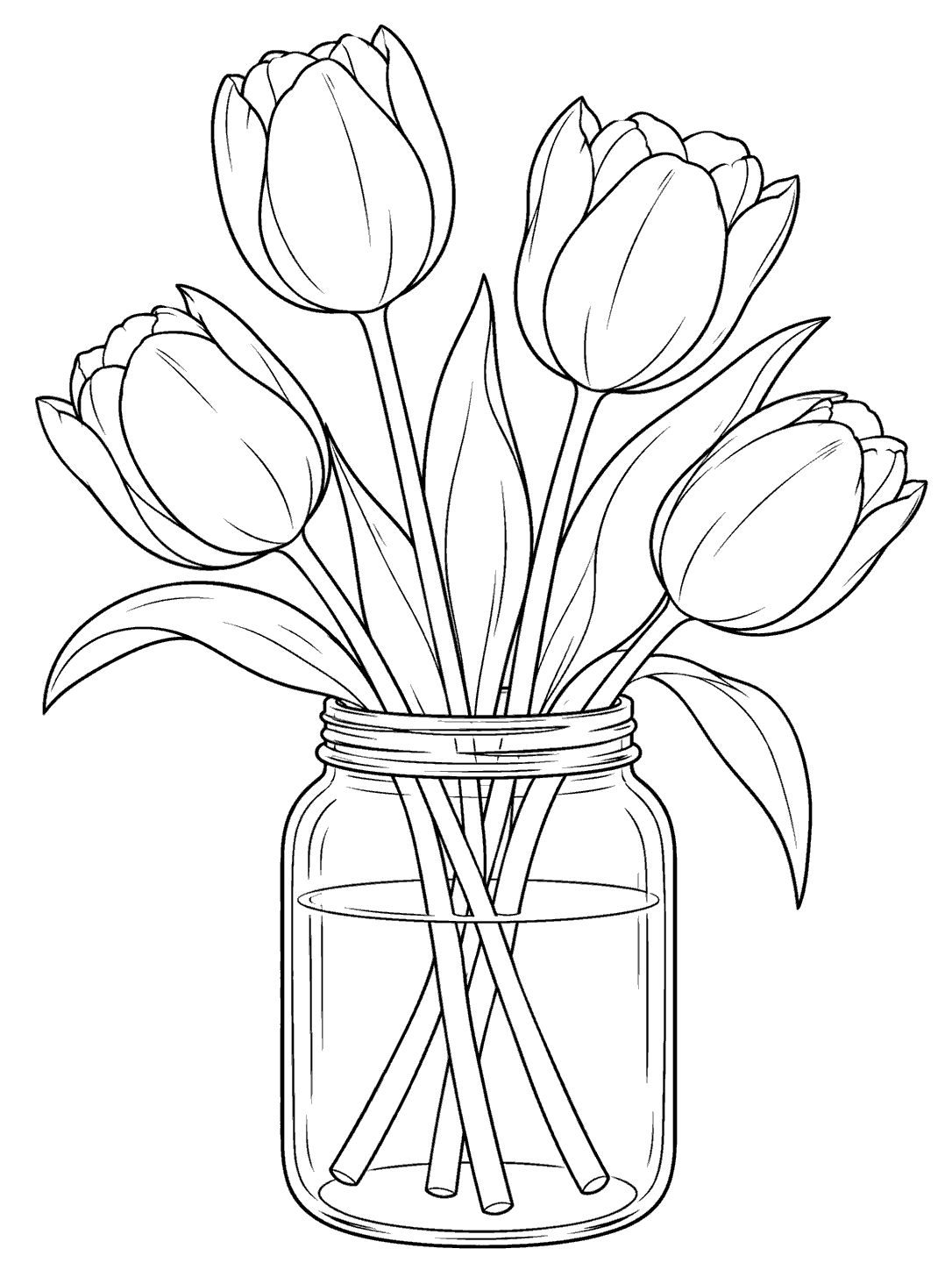 Four tulips and their visible stems arranged in an outlined glass jar coloring page